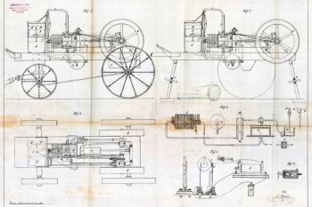 Patente española nº 4750 (motor agrícola locomóvil para tareas agrícola y con un motor Lenoir de cuatro tiempos)